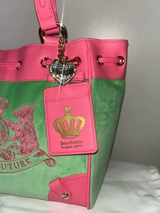 NEW! NWT JUICY COUTURE Daydreamer Scottie Dogs Velour Tote Retro Green/Pink - Picture 6 of 9